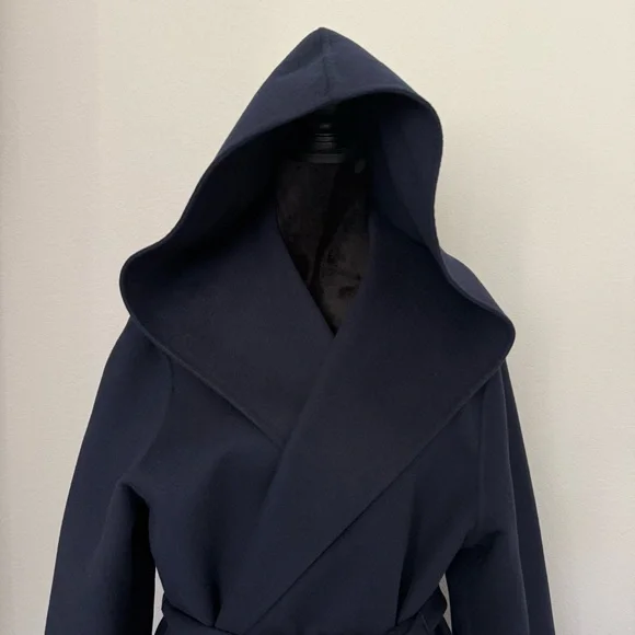 St. John Blue Hooded Wool & Cashmere Wrap Coat in Size Large - Picture 2 of 8